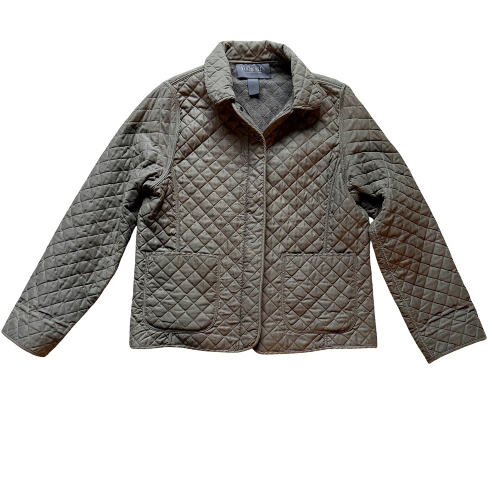 Van Heusen Quilted Barn Jacket Women Medium Olive Green‎ Fleece Lined Zip Snap
